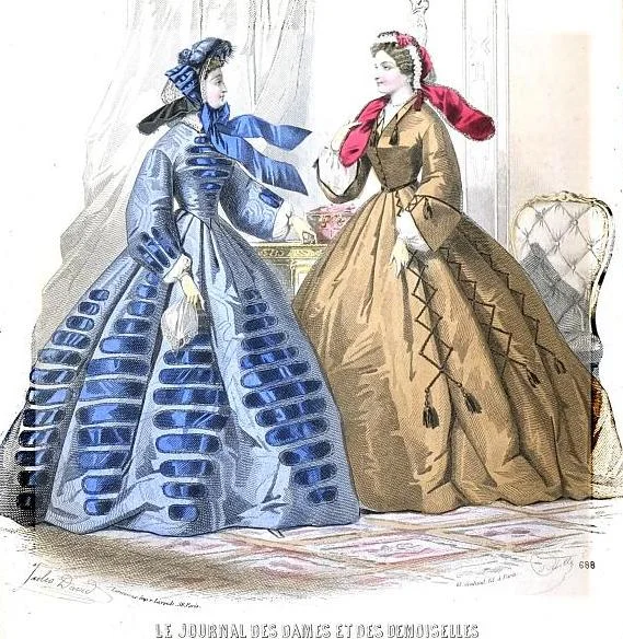 Planche de mode du Journal des dames et des demoiselles de 1863, avec deux robes à crinoline