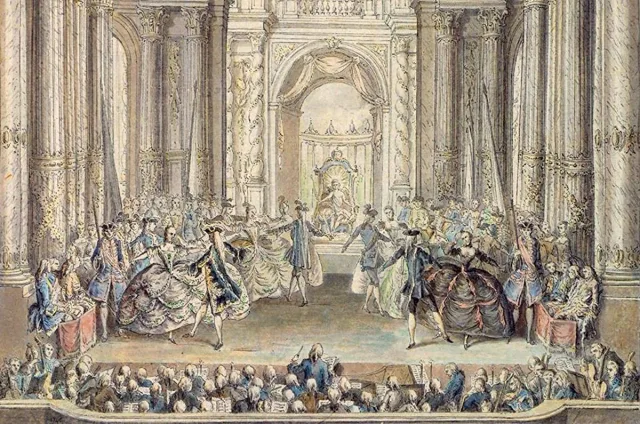 Gravure d’un spectacle de cour dans une salle monumentale