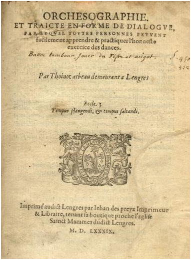 Page de titre de l’Orchésographie de Thoinot Arbeau